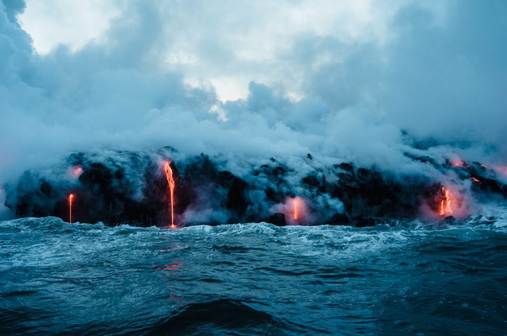 Volcanic lava encountering the sea