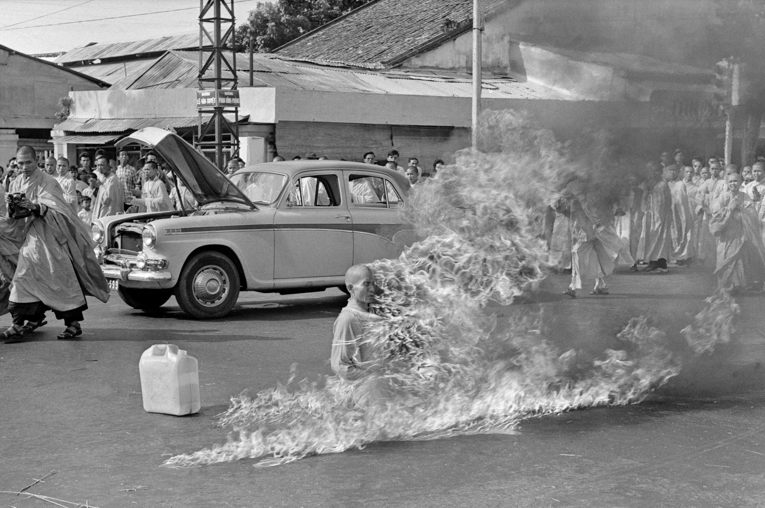 Thích Quảng Đức, a Buddhist monk, burns himself to death to protest against religious persecution, Saigon, Vietnam, 1963